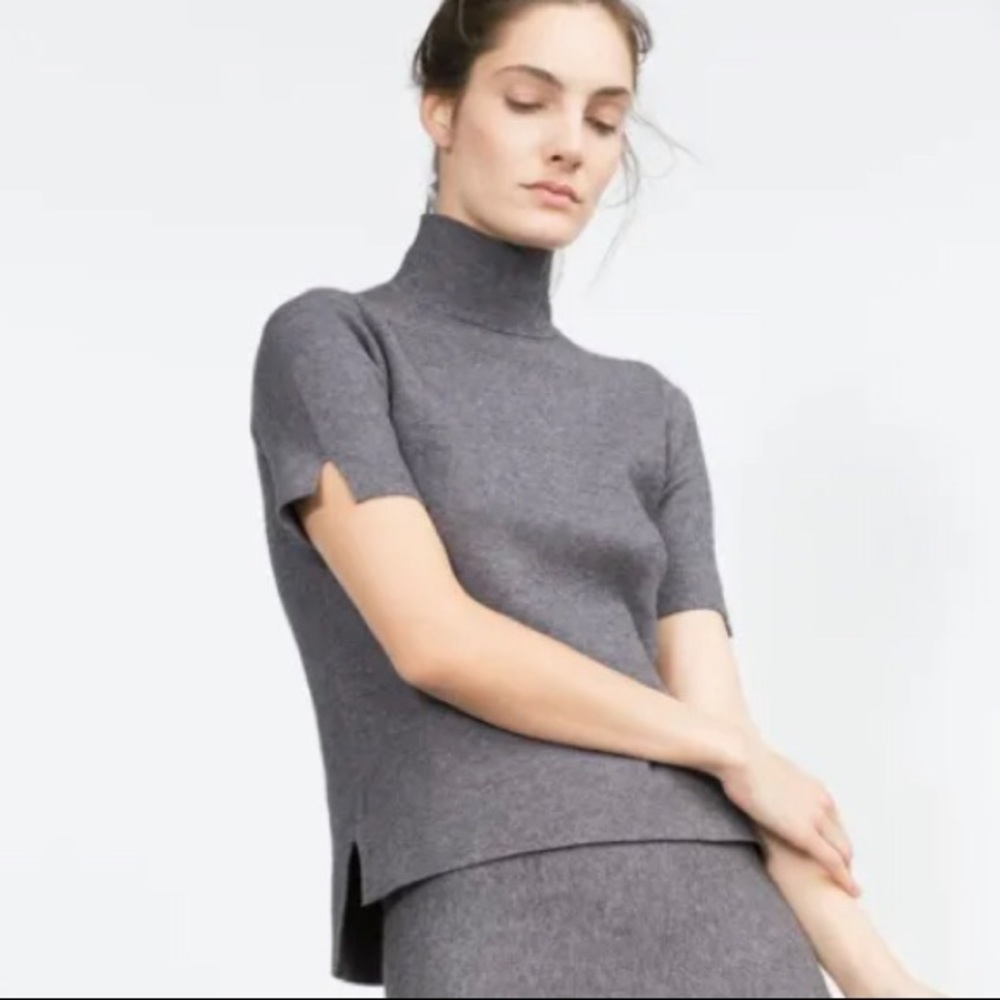 New Zara Knit Mock Neck Short Sleeve Polo Gray